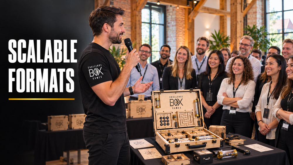 Challengebox game master presenting a mobile escape game at a corporate event