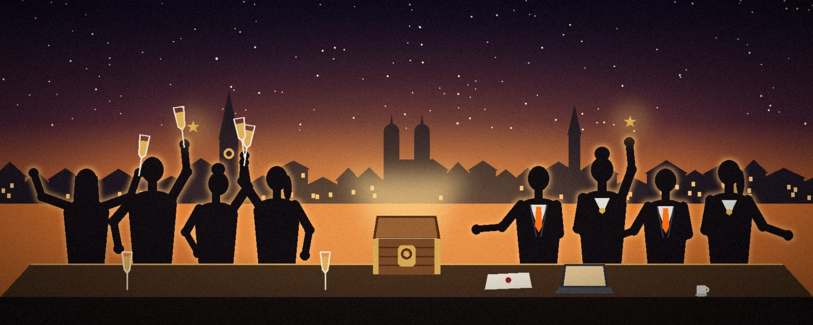 Groupe privé et équipe d’entreprise célébrant un escape game avec le coffre Challengebox devant la vieille ville de Zurich